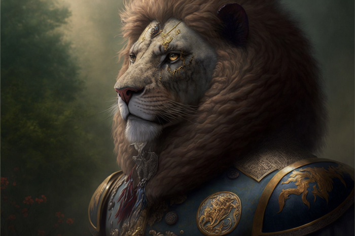 Anthropomorphized Leo the Lion in military regalia